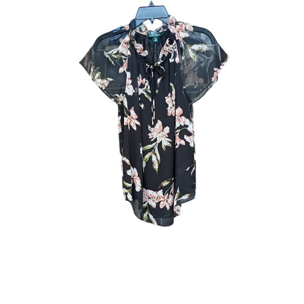 Ralph Lauren Floral-Print Flutter-Sleeves Georgette Black Lining Top M
